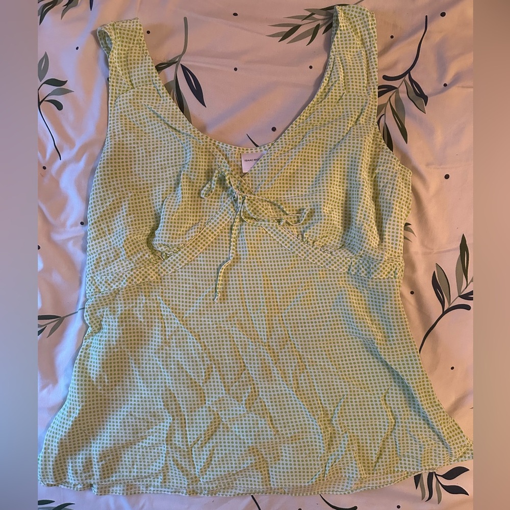 Isaac Mizrahi Silk Light Green Polka Dot Tie Front Tank Top